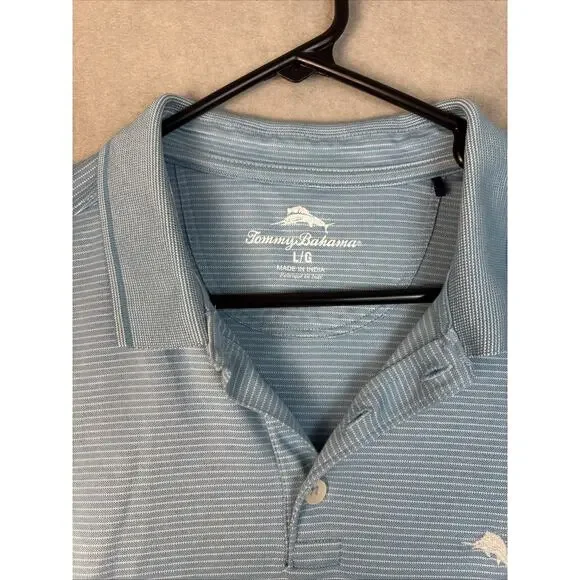Tommy Bahama Shirt Mens Lg Short‎ Sleeve Polo Baby Blue Striped Cotton Blend - Picture 3 of 8